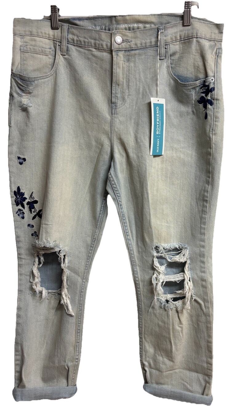 Old Navy Womens Denim Jeans Size 14 Boyfriend Straight Butterfly Diestress New